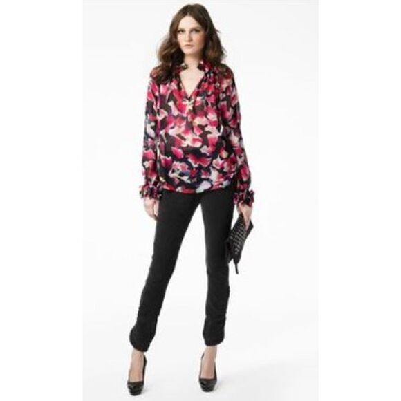 Diane Von Furstenberg Lunelle Sheer 100% Silk Floral V-Neck Pullover Blouse Size - Picture 1 of 9